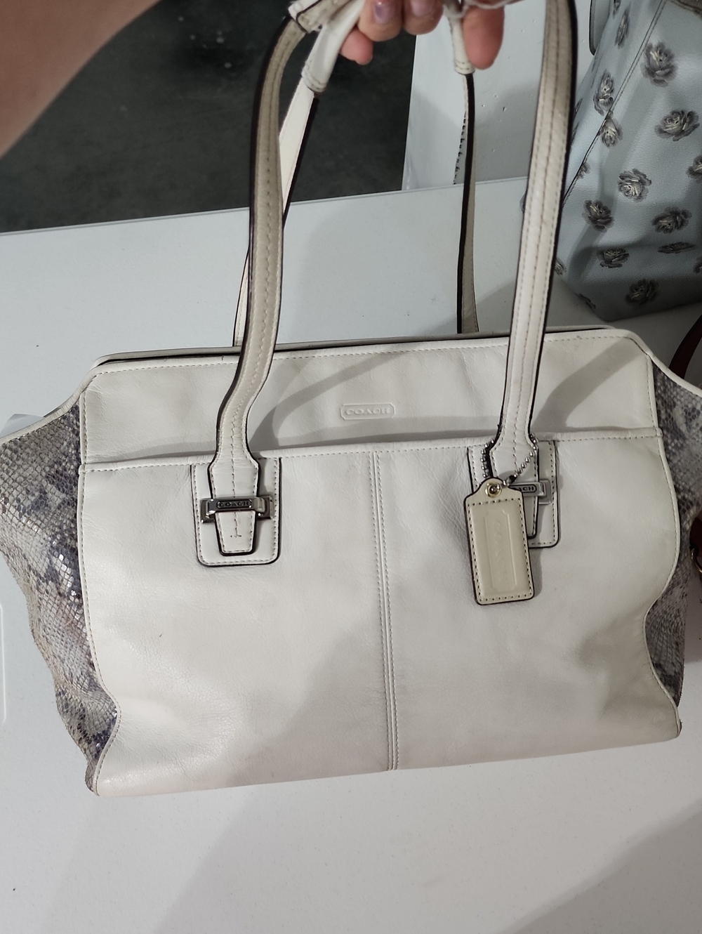 Coach White Leather Satchel with Snake-Print Accents
